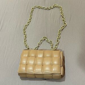 Tan Woven Shoulder Bag with gold chain detail